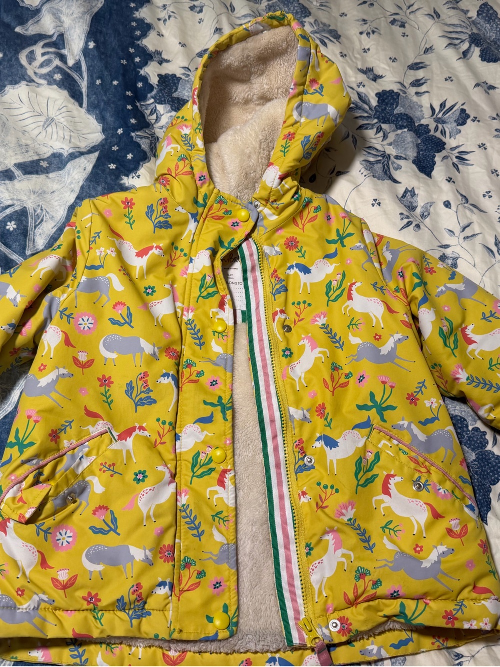 Mini Boden Yellow Floral & Horses Fleece Lined Winter Kids Jacket Size 5-6